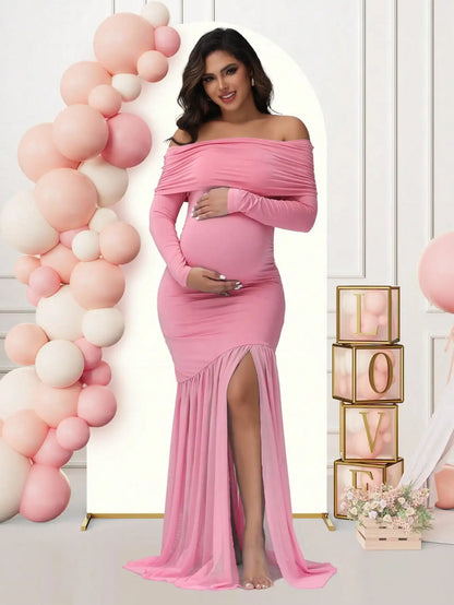 Maternity Dresses Photoshoot Off-Shoulder Slits Fishtail Hem Baby Shower Clothes For Pregnant Woman Evening Party Elegant Gown