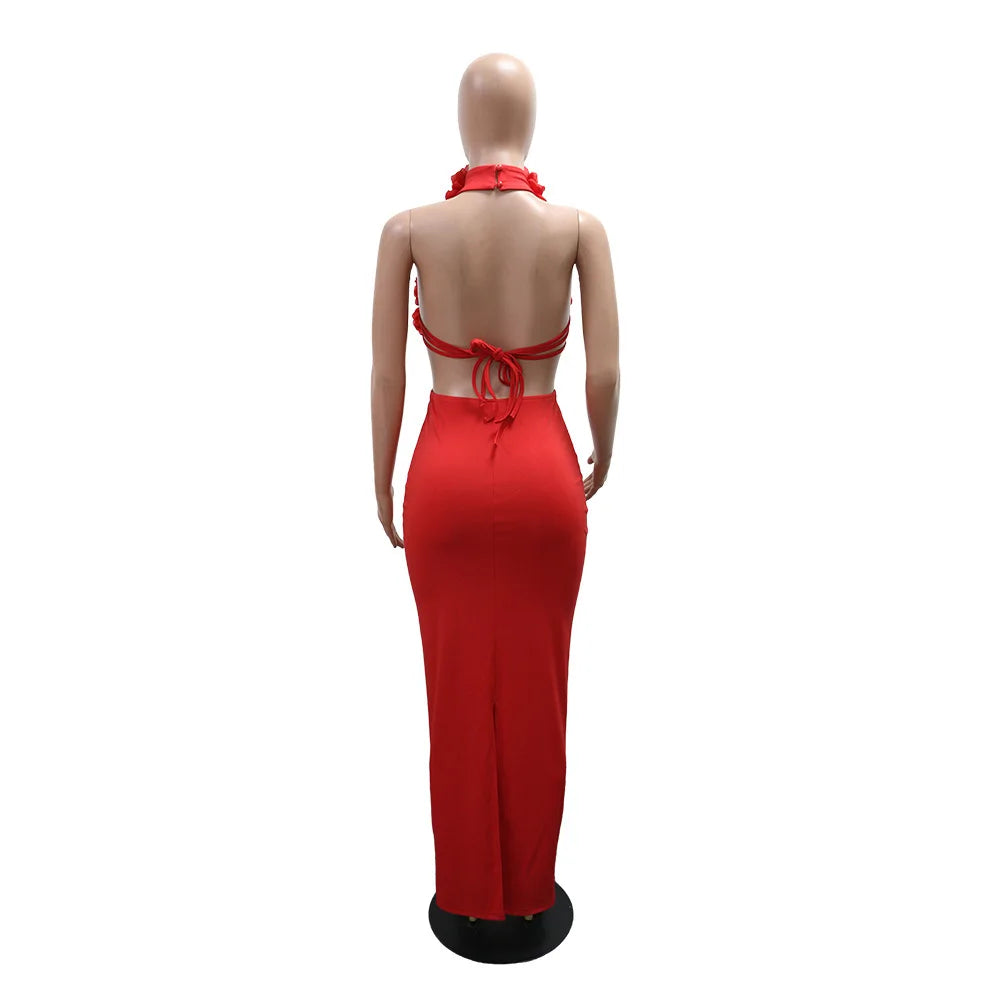 Sister Star Women Dress 2025 Sexy Hottie Solid Color Fresh Hanging Neck Big Flowers Light Luxury Nightclub Party Evening Dresses