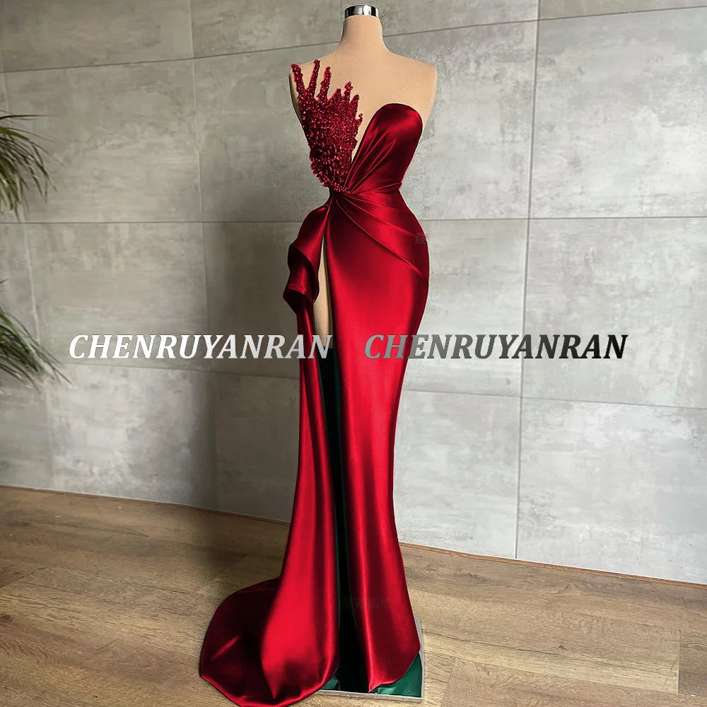 Green Evening Dresses 2025&2026 Sweetheart Sequin Beaded Long Satin Formal Party Dress Pleat Side Split Sexy Zipper Simple Prom Gowns