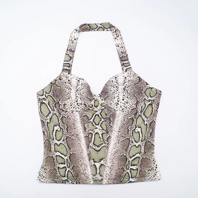 CUTENOVA Fall New Arrival Women Snake Print Hanging Neck  Sleeveless Tank Top & Slim-Fit Seven Points Pants Set Street Chic Suit