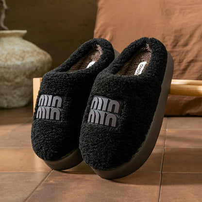 New plush cotton slippers for women, autumn and winter indoor thick sole with plush anti slip slippers, thickened cotton slipper