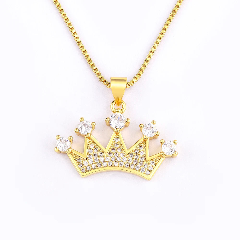 Nidin New Fashion Crown Shape Pendant Collar Gold Color Chain Choker Shiny Zircon Necklace for Women Man Jewelry Party Gifts