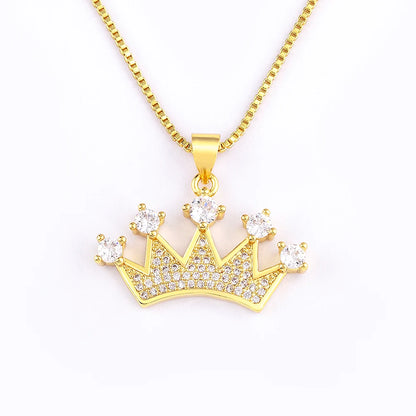 Nidin New Fashion Crown Shape Pendant Collar Gold Color Chain Choker Shiny Zircon Necklace for Women Man Jewelry Party Gifts