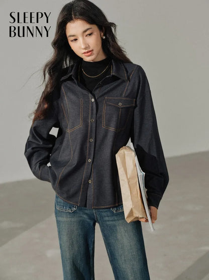 Casual Contrast Stitch Shirt Jacket Loose Long Sleeve Blouse for Women Stylish Collared Overshirt for Autumn Layered Slim Look