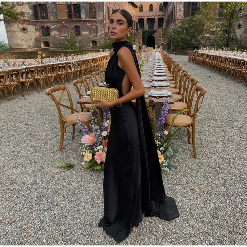 Elegant Ribbon Halter Dress Women Solid Off Shoulder Sleeveless Backless Slim Maxi Dresses 2026 Summer Autumn Party Robes Lady