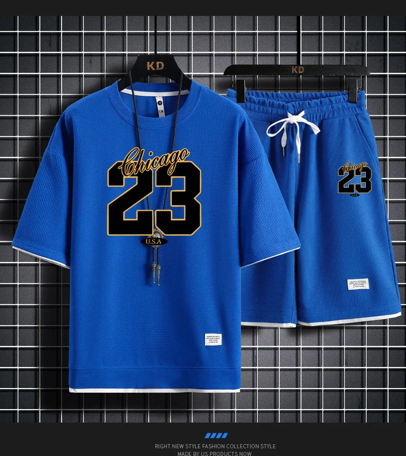 High Quality Men's Korea Comfortable and Summer  Fashion Print Sports Suit Fitness Jogging Daily Casual Wear Beach Shorts Set