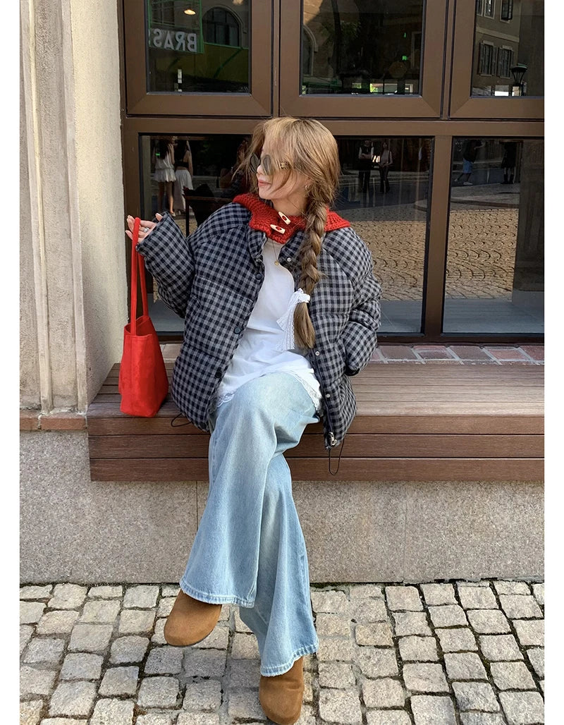 MEXZT Short Plaid Parkas Women Streetwear Stand Collar Puffer Jacket Winter Korean Down Coats Fashion Cotton Padded Outerwears