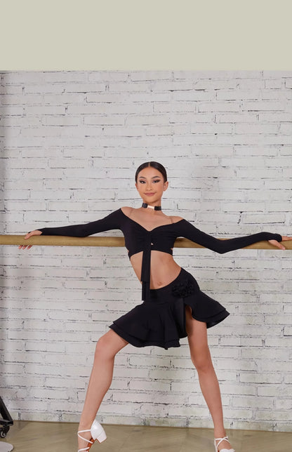 Latin Dance set Clothes Girls Long SLeeves Short Top Skirt Cha cha samba Performance Competition Dress Burgundy Black Dress Kids