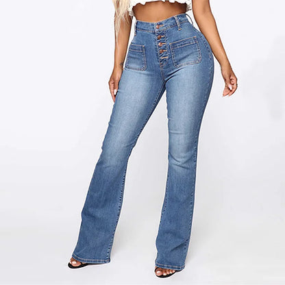 Europe and The United States Slim High Waist Breasted Jeans, Women's Spring and Autumn Fashion Wash Slightly Flared Pants Jeans