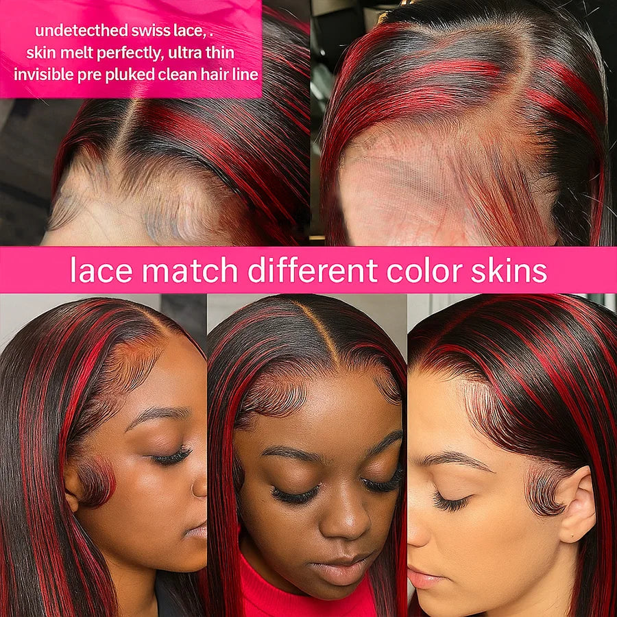 Black With Red Blonde Highlight Bone Straight Wig 5x5 Glueless Wig Human Hair Ombre Burgundy Colored Preplucked Wig Wear and Go