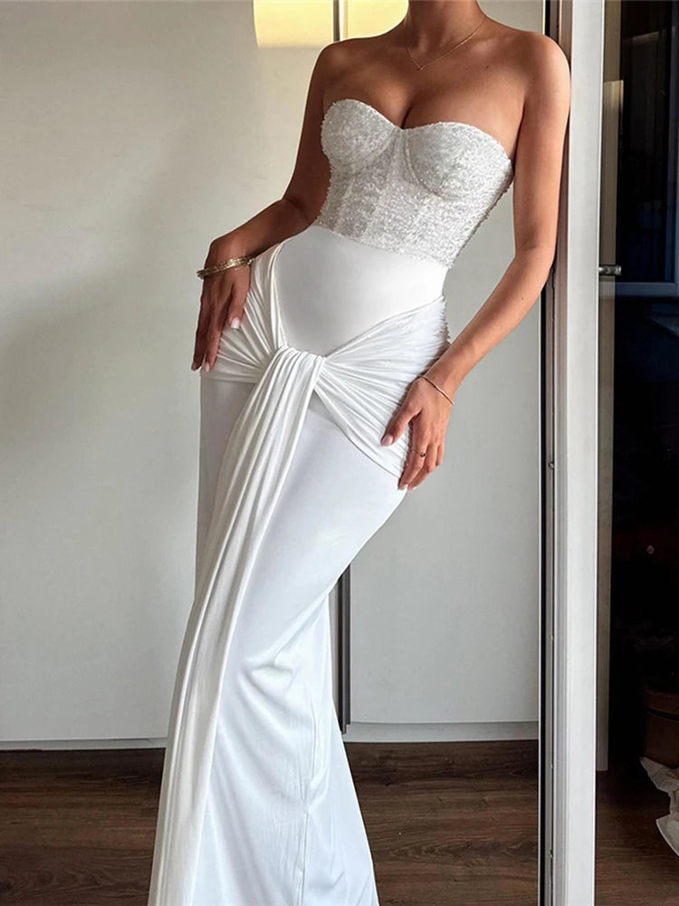 Sisterlinda Sexy Strapless Dress Woman Sequins Patchwork Backless Knot Ribbon Wrap Hip Midnight Prom Party Elegant Long Bodycon