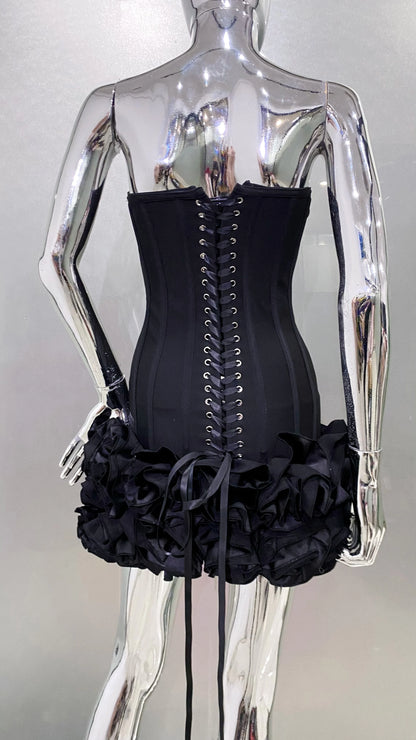 Stereoscopic Flowers Back Laceing Strapless Red Bandage Mini Evening Dress Sweet Woman Birthday Party Dress Performance costume