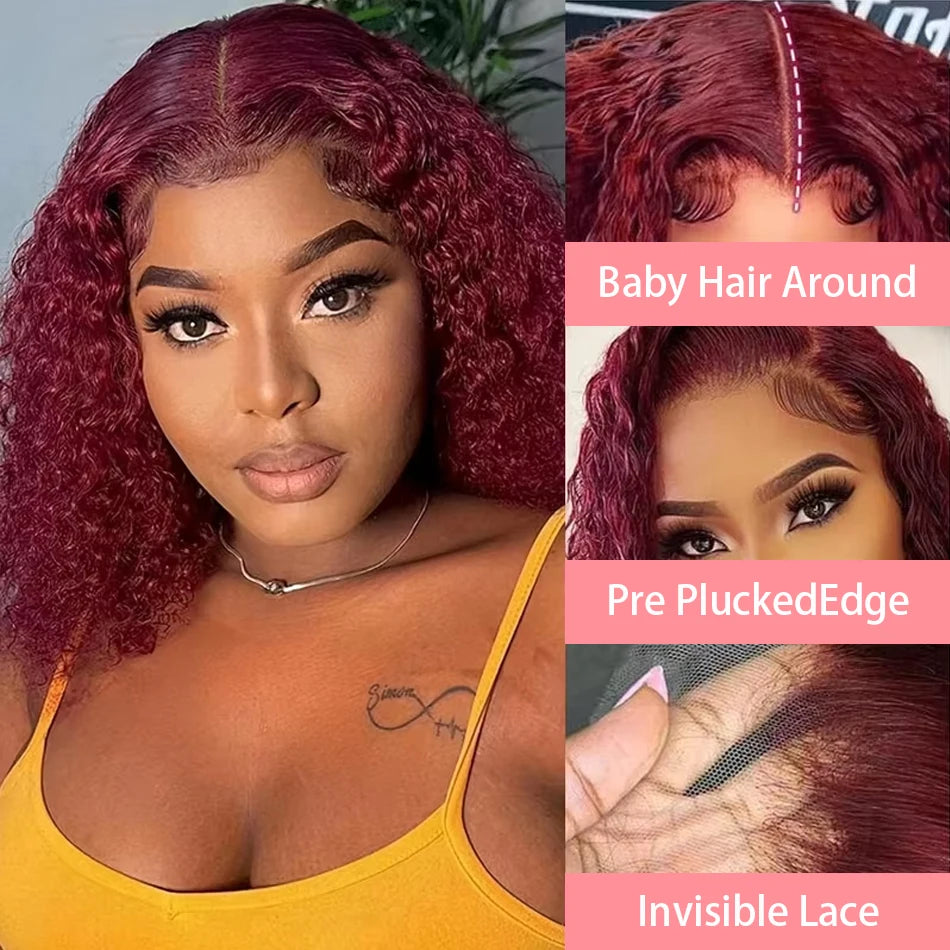99J Colored Curly Deep Water Wave 13x4 Lace Front Wigs Preplucked Burgundy Red Short Cut Bob Frontal Wig 100% Human Hair 14 Inch