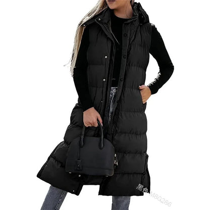 Women Solid Loose Zip Cardigan Parkas 2023 Autumn Winter Parkas Vest Coat Women Sleeveless Hooded Single Breasted Long Vest Coat