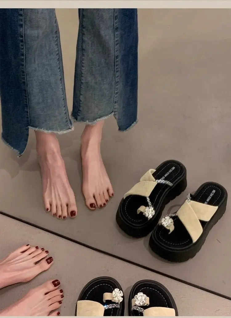 Diamond toe thick soled slippers for women's summer shoes, new height increasing design, paired with skirts and women's sandals