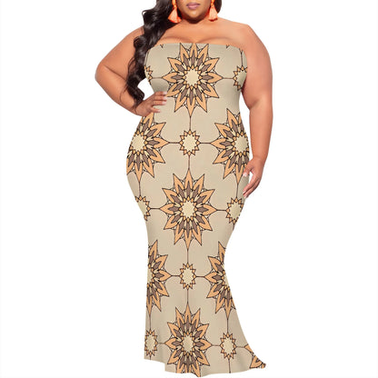 Plus Size Strapless Maxi Dress with Stylish Gold Geometric Design, Modern and Trendy