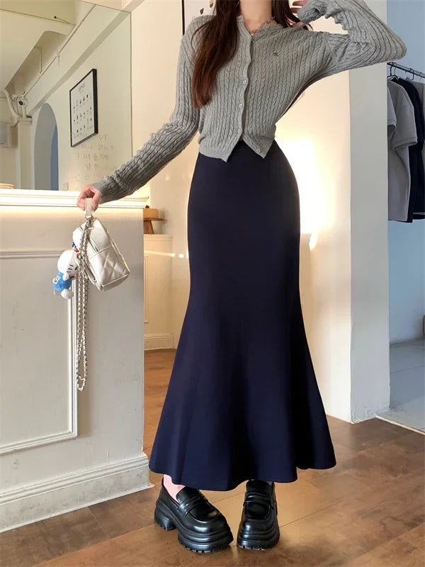 Solid Vintage Temperament Package Hip Skirts Elastic High Waist Simple Spring Autumn 2026 Fish Tail Skirt Casual Slim Long Skirt