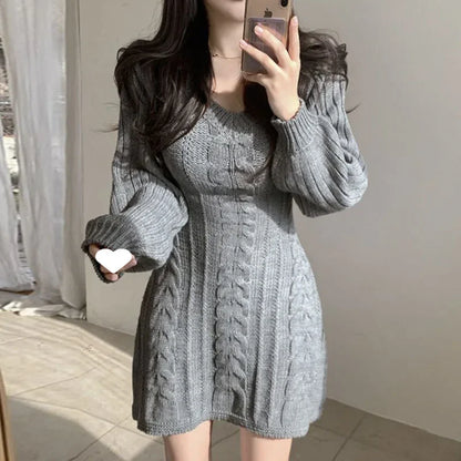 Korean Chic Autumn Gentle V-neck Linen Pattern Design Slimming Long Sleeve A- line Knitted Dress High Collar Ankle-length Dress