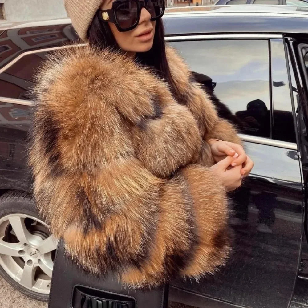 Real Fox Fur Coat Winter Jacket Women O-neck Thick Fashion 2025 & 2026 Natural Fox Fur Raccoon Outerwear Warm Luxury Female Plus Size
