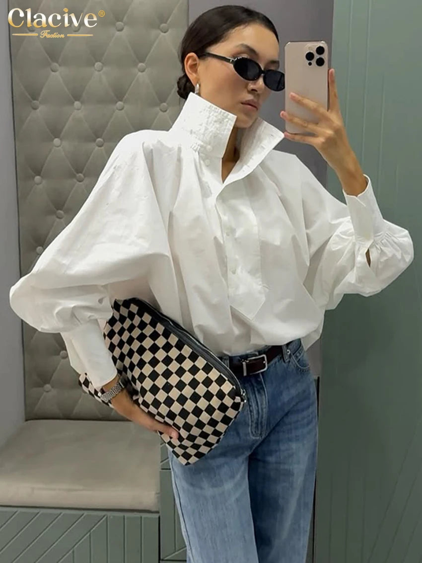 Clacive Fashion Loose White Cotton Women's Shirt 2025 Casual Lapel Long Sleeve Blouse Elegant Classic Solid Top Female Clothing