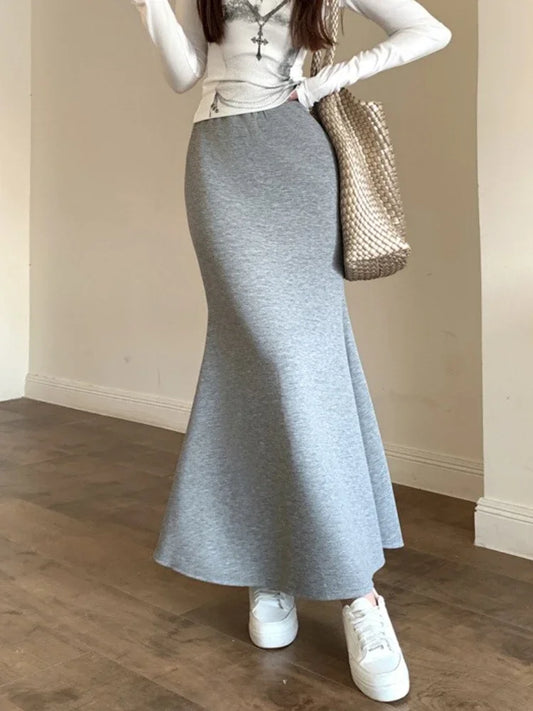 Solid Vintage Temperament Package Hip Skirts Elastic High Waist Simple Spring Autumn 2026 Fish Tail Skirt Casual Slim Long Skirt