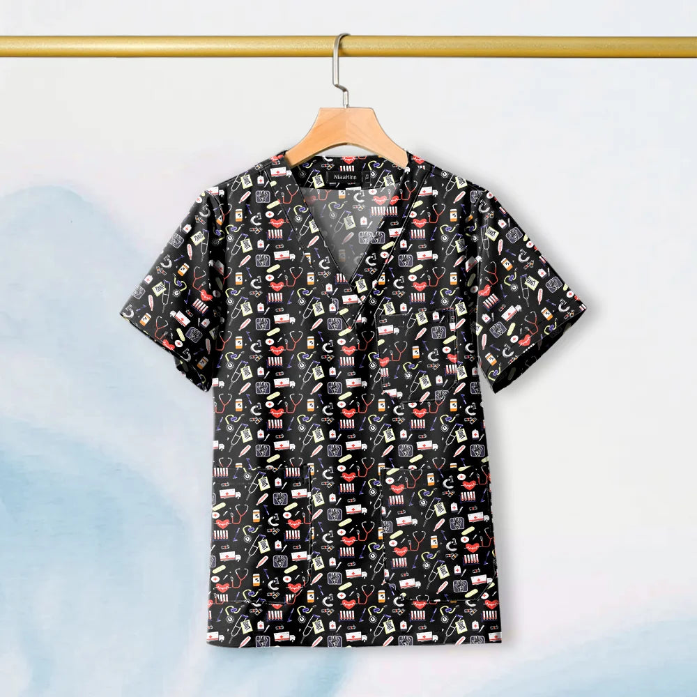 Hot Sales V-Neck Printed Scrub Tops for Women Men Nurse Uniform 100% Cotton Breathable Scrubs Uniforms Medical Blouses Wholesale