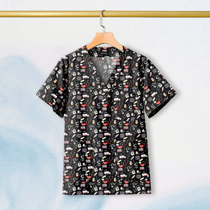 Hot Sales V-Neck Printed Scrub Tops for Women Men Nurse Uniform 100% Cotton Breathable Scrubs Uniforms Medical Blouses Wholesale