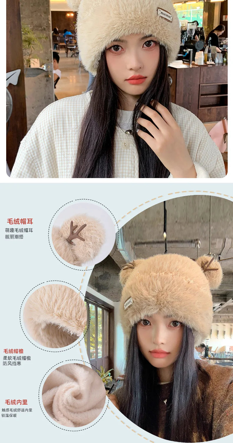 Knitted Hat Beanie Winter Warm Fleece Lined Reindeer Antlers Korean Style Cute Christmas Party Women Girls Thickened Thermal