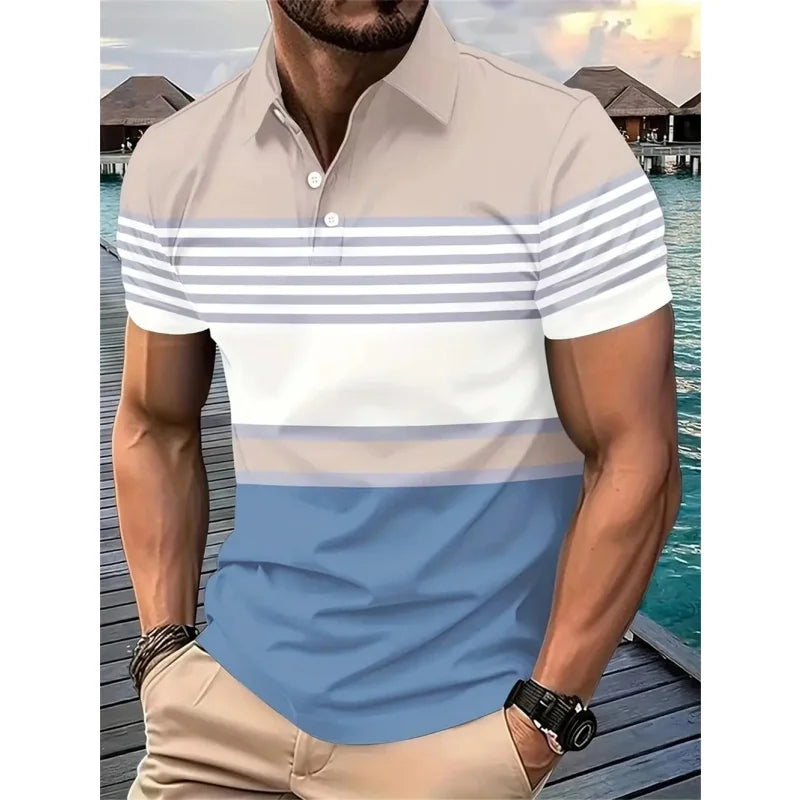 3D Print Striped Color Block Polo Shirt For Men Colorful Pattern T-Shirt Summer Casual Lapel Tops Loose Short Sleeve Street Tees