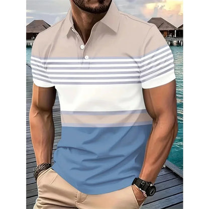 3D Print Striped Color Block Polo Shirt For Men Colorful Pattern T-Shirt Summer Casual Lapel Tops Loose Short Sleeve Street Tees