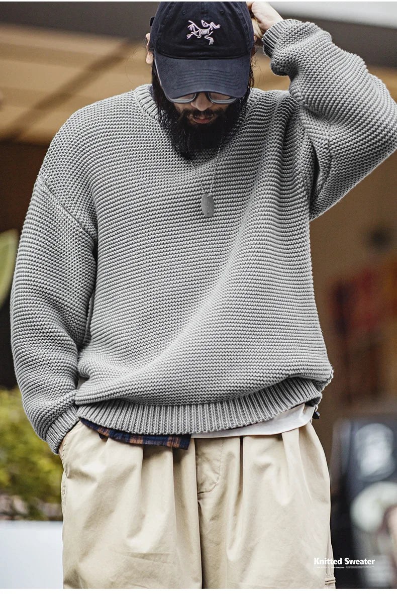 Maden Retro Heavyweight Knitted Sweater Loose Round Neck Pullover Warm Versatile Base Layer Knitwear for Men's Autumn and Winter