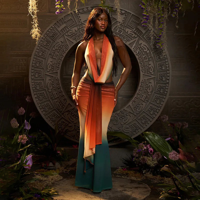 VEITCHE Summer Women Print Mesh Sexy Halter Skirt 2 Pieces Sets Off-shoulder Sleeveless Backless Tops And Skirt Two Pieces Sets