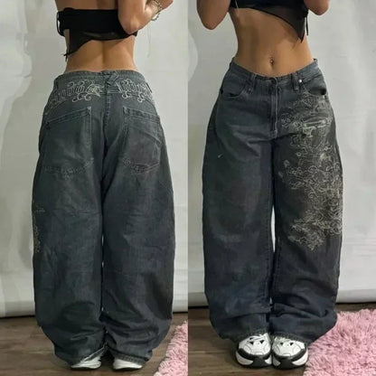 Y2K Best Selling Explosions Men and Women With Retro Embroidery Baggy Jeans Harajuku Rock Hip-Hop Casual Joker Wide Trousers