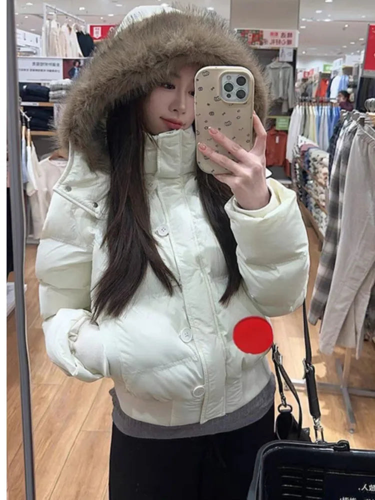 Autumn Winter Fur Hooded Jacket Women Outerwear Thick Dowon Cotton Padded Slim Short Parkas Female Cropped Puffer Bubble Coat