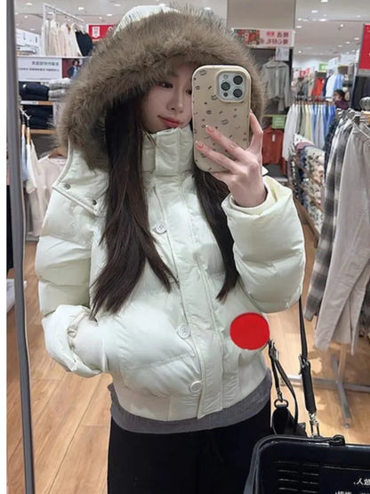 Autumn Winter Fur Hooded Jacket Women Outerwear Thick Dowon Cotton Padded Slim Short Parkas Female Cropped Puffer Bubble Coat