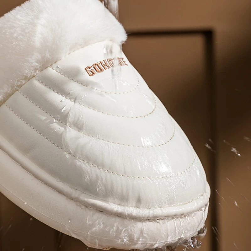 Plus Size 48-49 Waterproof Women's Home Slippers Flat Heel Non Slip Cotton Slippers Woman Faux Fur Warm Living Room Shoes Female