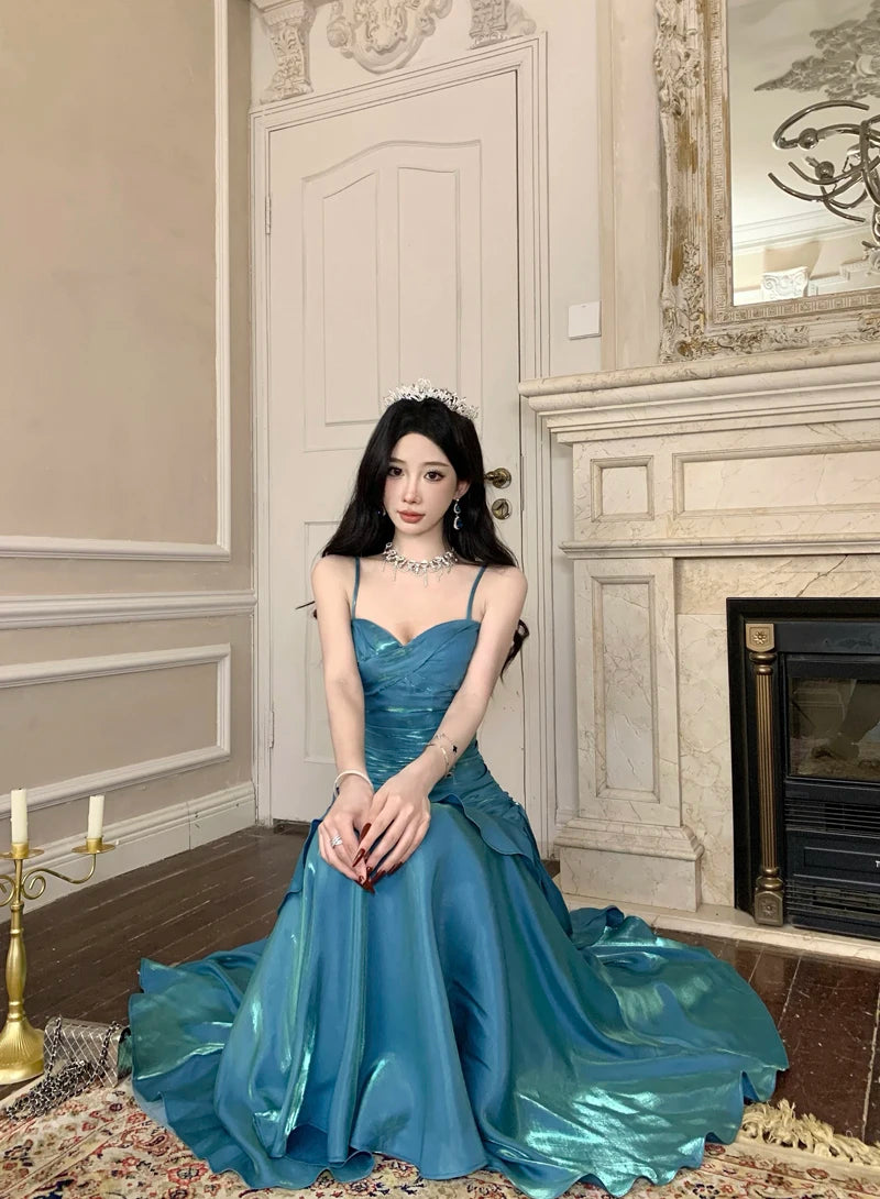 Sexy Solid Spaghetti Strap Sleeveless Evening Dresses Elegant Ruffles Party Long Dress For Women Summer Slim Beach New Vestidos