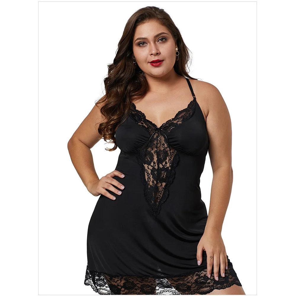 8XL Plus Size Sexy Lace Nightgown for Women Summer Pajamas Dress V Neck Bodydoll Sleeveless Nightdress Plumpy Female Homewear