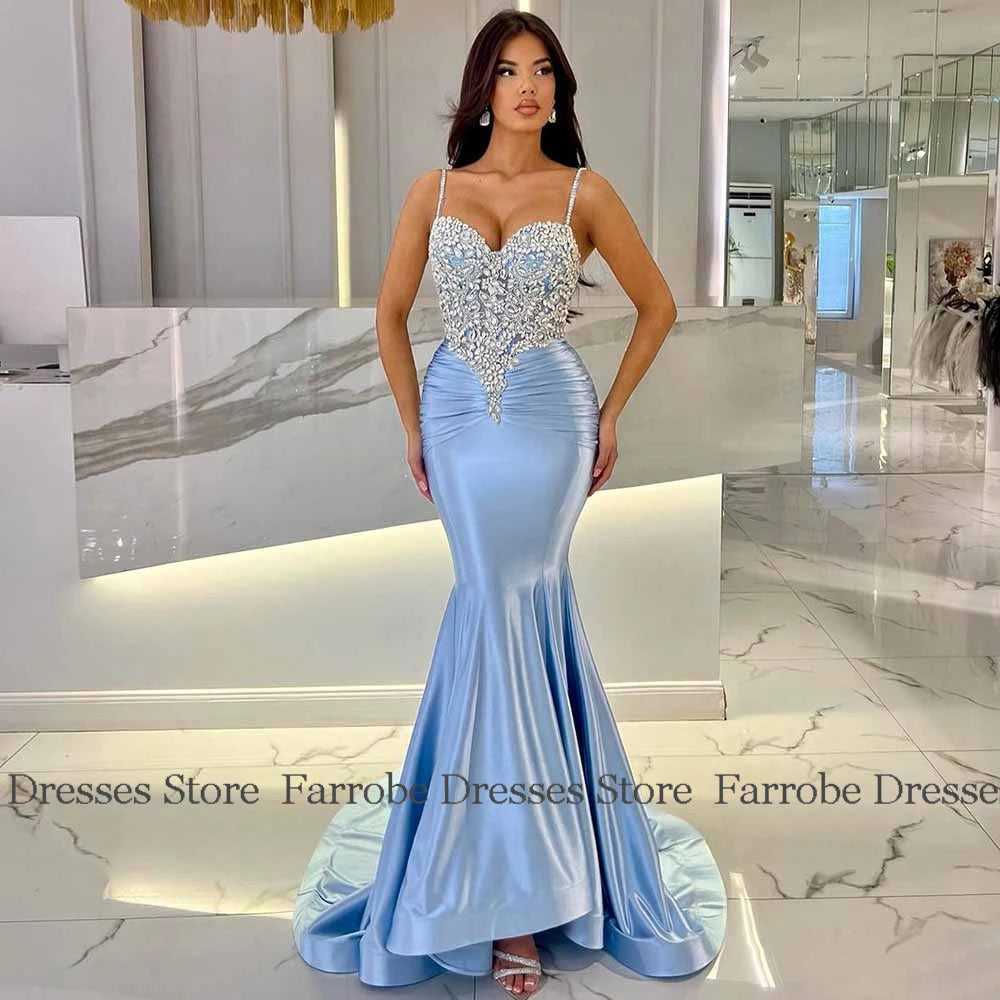 Dubai Luxury Prom Dresses Satin Mermaid/Trumpet Celebrity Dress Rose Pink Sweetheart Rhinestones Pleat Ruched Party Dress Long