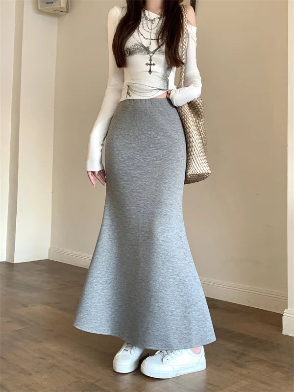 Solid Vintage Temperament Package Hip Skirts Elastic High Waist Simple Spring Autumn 2026 Fish Tail Skirt Casual Slim Long Skirt