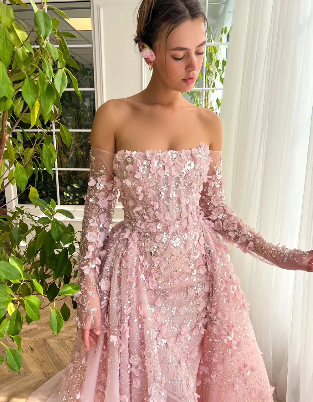 Elegant 3D Flower Evening Dress with Detachable Skirt 2025 & 2026 Luxury Mermaid Long Sleeves Formal Prom Wedding Party Gown Customized