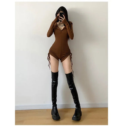 American Style Casual Hooded Jumpsuit Women's Slimming Fitness Clothes Tight High Waist Long Sleeve Yoga One-Piece Suit