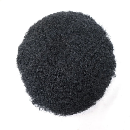 Men’s Toupee 6 Inch Human Hair Afro Curly Wig Full Lace Base 4mm Curls Natural Black 130% Density Breathable Replacement System