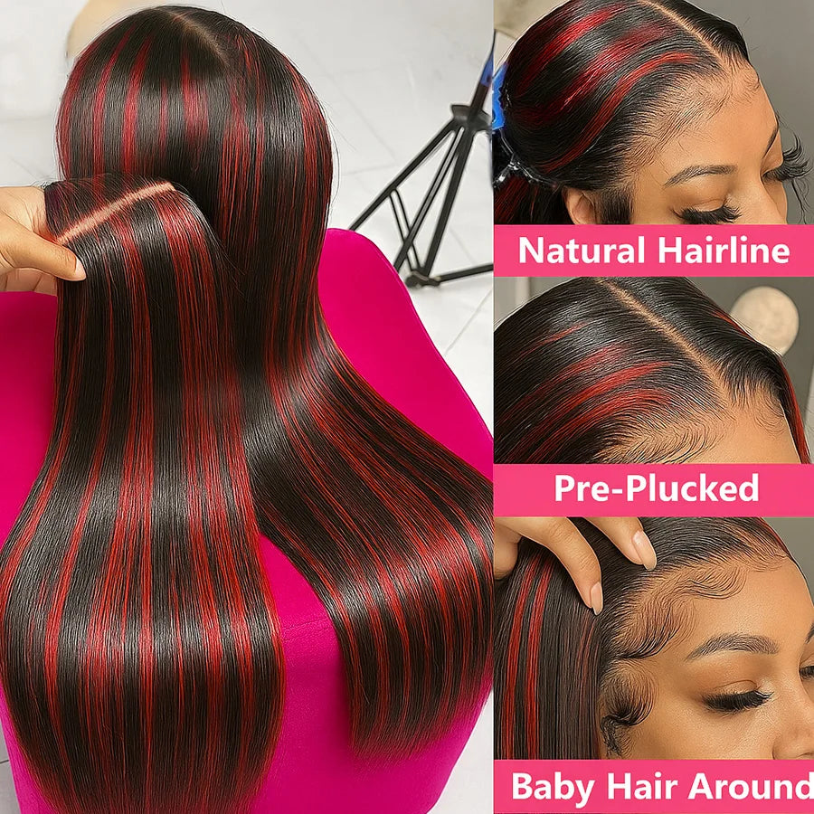 Black With Red Blonde Highlight Bone Straight Wig 5x5 Glueless Wig Human Hair Ombre Burgundy Colored Preplucked Wig Wear and Go