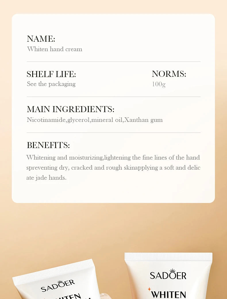 1/2/3pcs SADOER 100g Moisturizing Hand Cream Tender Nourish Non Greasy Brightening Hydrating Beauty Hands Travel Size Skin Care