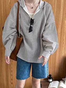 NS Pure Color Lazy Loose BF Hoodie Women's Simple Shape Sweatshirt Long Sleeve Letter Embroidery Top Casual Style Cotton Blend