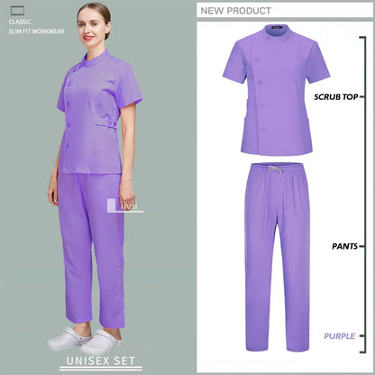 Button Closure and waist retraction Scrub Set Medical Uniforms Nurse Clothes Women Round Neck Surgical Workwear Pair Dental Suit