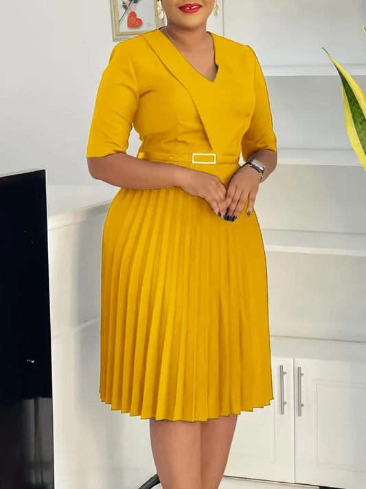 New Fashion V Neck Solid Color Pleated African Maxi Dress for Plus Size Women Elegant Evening Gown Petite Formal Dresses Summer