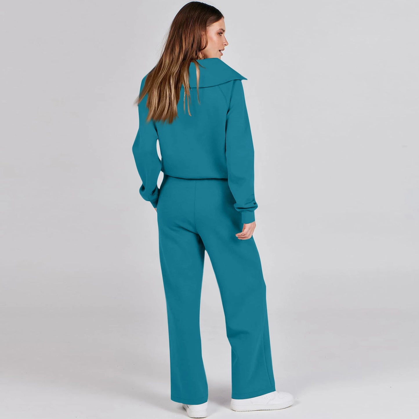 Solid Two-piece set Women Fashion Long Sleeve Zipper Sweater Pullover Tie up Pocket Wide Leg Pant Suit Loose Casual Sport Sets