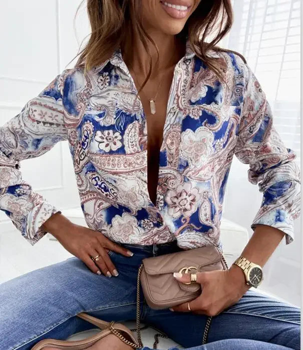 Women Geometric Print Shirt, Spring and Autumn Fashion Long-sleeved Shirts, Camisa Girls Chemise Size S M L XL XXL